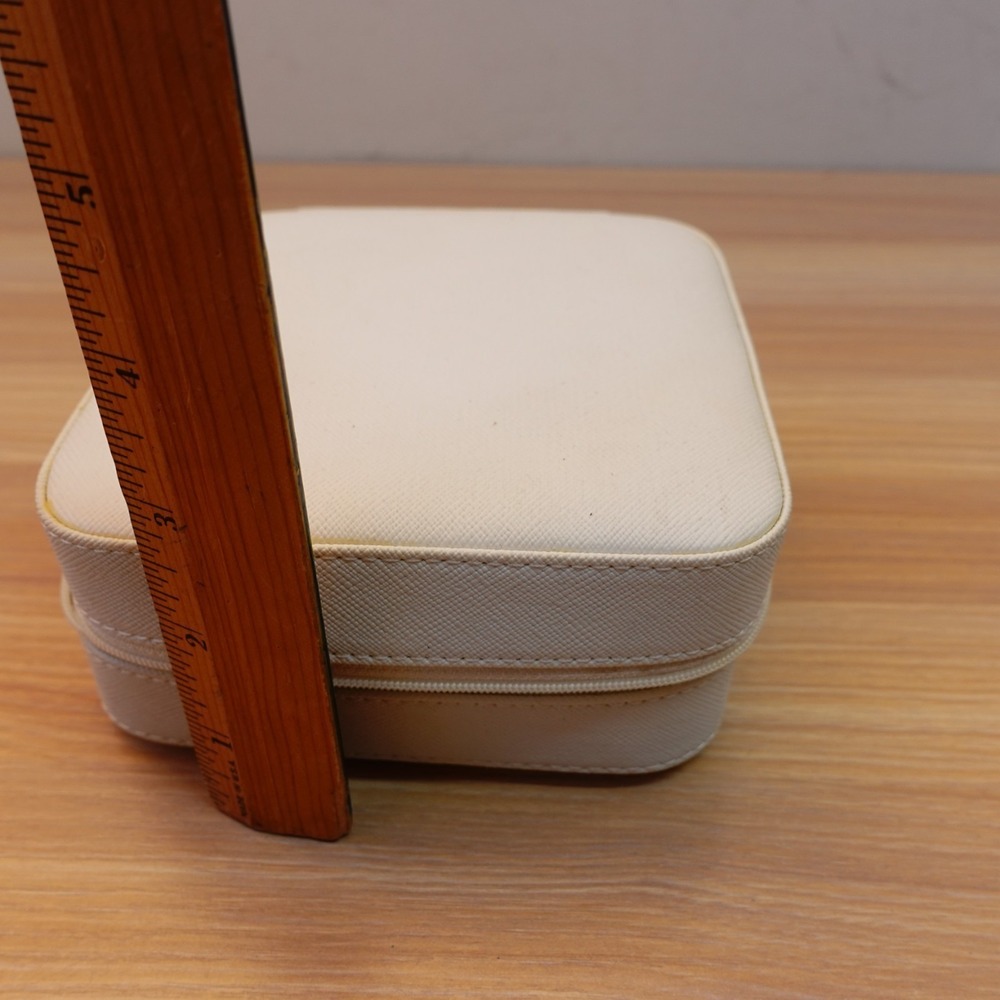 Travel Jewelry Case S White Vanity Mirror Box Organizer Faux Saffiano Leather - Picture 10 of 11